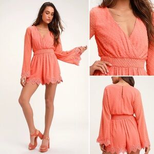 Lulu’s Meadowlake Coral Orange Swiss Dot Lace Bell Sleeve Romper